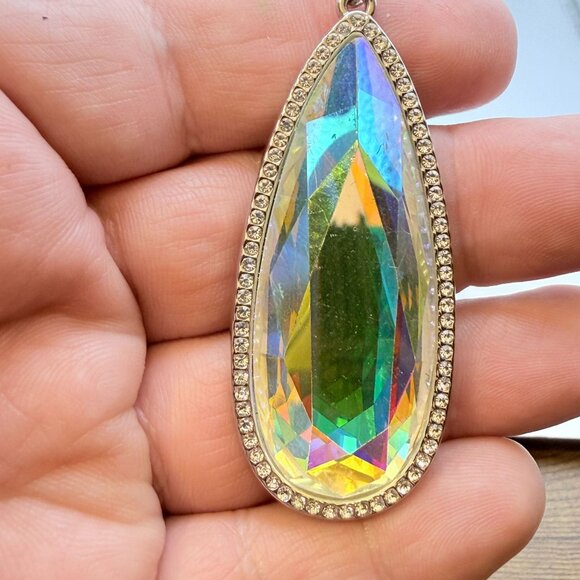 Large Iridescent Teardrop Pendant Necklace with Rhinestone Border - Picture 6 of 6